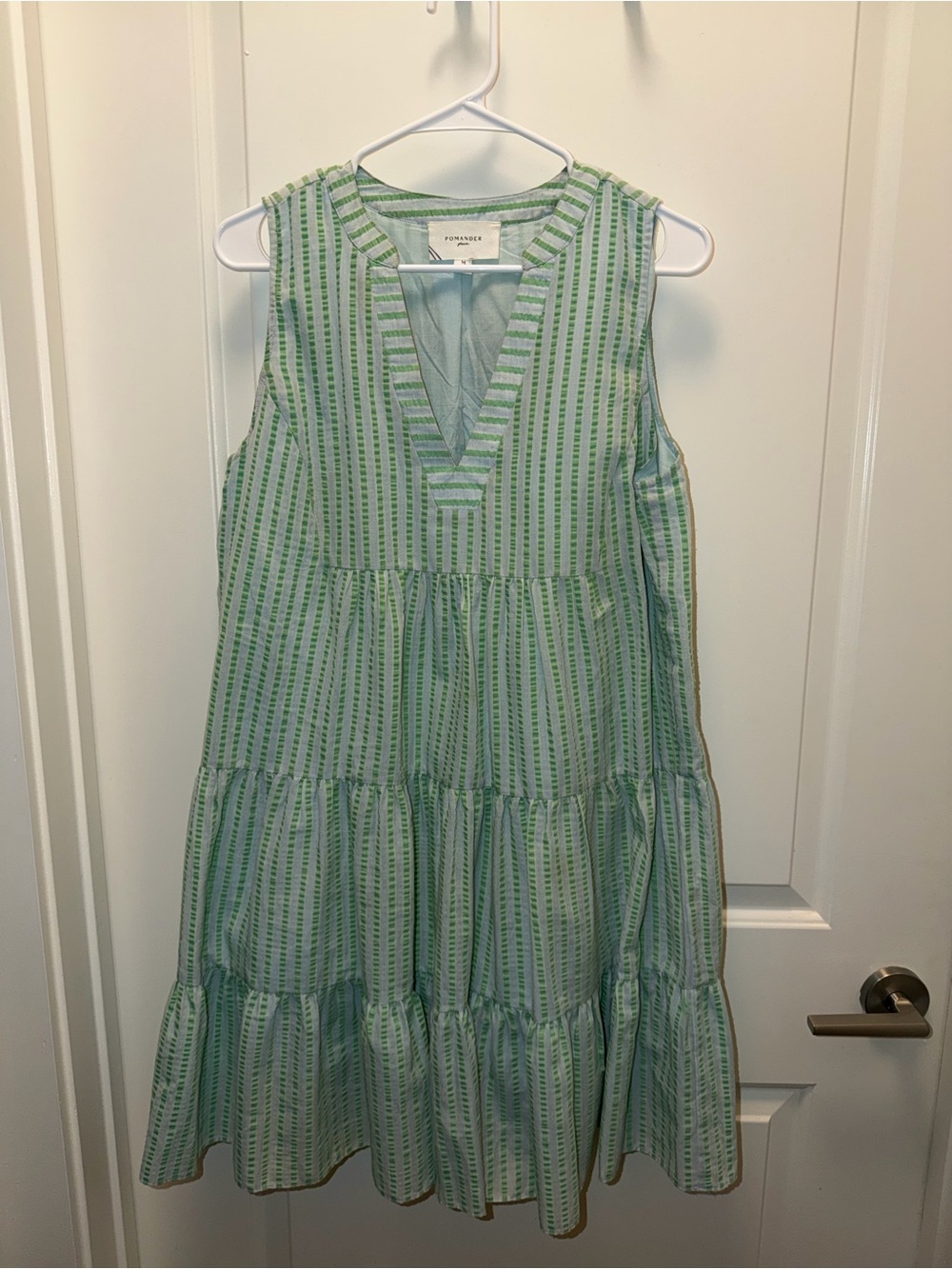 Pomander Place Light Green and White Striped Mini Dress
